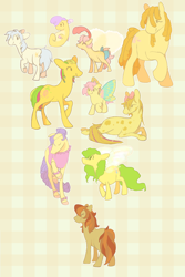 Size: 1024x1536 | Tagged: safe, artist:bananasmores, part of a set, crumpet, foamy, little flitter, rosedust, tootie tails, twink (g1), twinkle dancer, twinkler (gss), valentine (g1), wind drifter, earth pony, flutter pony, pony, sea pony, g1, abstract background, colt, cute, female, foal, male, mare, summer wing ponies, tropical ponies, yellow