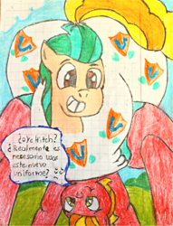Size: 2493x3259 | Tagged: safe, artist:bitter sweetness, hitch trailblazer, sprout cloverleaf, earth pony, pony, g5, abdl, adult foal, blue sky, diaper, diaper fetish, fetish, graph paper, grass, green eyes, high res, looking at you, looking between legs, male, non-baby in diaper, poofy diaper, smiling, spanish, spanish text, speech bubble, stallion, traditional art, translated in the description