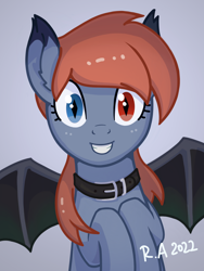 Size: 3000x4000 | Tagged: safe, artist:raineve, oc, oc only, bat pony, pony, bat pony oc, collar, commission, gradient background, heterochromia, looking at you, smiling, smiling at you, solo, spread wings, wings