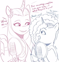 Size: 1976x2048 | Tagged: safe, artist:maren, misty brightdawn, opaline arcana, alicorn, pony, unicorn, g5, animated actors, behind the scenes, cornrows, dialogue, doodle, duo, female, freckles, looking at each other, looking at someone, mare, microphone, nicealine, open mouth, open smile, pop filter, raised hoof, recording studio, smiling