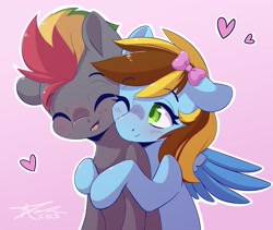 Size: 2048x1728 | Tagged: safe, artist:mindlessnik, oc, oc only, oc:lucky bolt, oc:sliding bolt, pegasus, pony, blushing, bow, couple, cute, female, hair bow, heart, holiday, hug, hug from behind, love, male, male and female, mare, multicolored hair, oc x oc, pegasus oc, shipping, straight, valentine's day, wings
