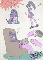 Size: 1920x2716 | Tagged: safe, artist:amazingpuffhair, sci-twi, twilight sparkle, human, equestria girls, g4, barefoot, chair, commission, computer, feet, high res, implied lesbian, implied scitwishimmer, implied shipping, laptop computer, sitting, solo