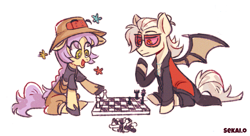 Size: 1097x595 | Tagged: safe, artist:sekai.o, bat pony, earth pony, pony, undead, vampire, vampony, antagonist, bat wings, chess, chess piece, chessboard, clothes, duo, female, fortnite, glasses, happy, kado thorne, mae, male, mare, playing, ponified, simple background, stallion, stars, white background, wings