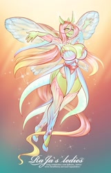 Size: 773x1199 | Tagged: safe, artist:rajas_ledies, queen chrysalis, changedling, changeling, changeling queen, anthro, g4, big breasts, breasts, cleavage, clothes, dress, female, garter belt, horn, huge breasts, purified chrysalis, sexy, socks, solo, thigh highs, wings