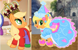 Size: 1405x907 | Tagged: safe, applejack, earth pony, pony, g4, bow, clothes, comparison, crown, dress, ear piercing, flower, flower in hair, froufrou glittery lacy outfit, happy, hat, hennin, jewelry, long sleeves, necklace, piercing, princess, princess applejack, puffy sleeves, regalia, smiling