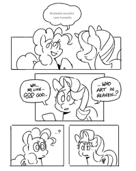 Size: 1239x1556 | Tagged: safe, artist:kyssimmee, pinkie pie, starlight glimmer, earth pony, pony, unicorn, g4, black and white, comic, dialogue, duo, female, grayscale, implied princess celestia, mare, monochrome, question mark, religion, simple background, speech bubble, white background