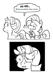 Size: 871x1187 | Tagged: safe, artist:kyssimmee, starlight glimmer, trixie, pony, unicorn, g4, black and white, comic, dialogue, female, grayscale, hair over one eye, mare, monochrome, religion, simple background, speech bubble, white background