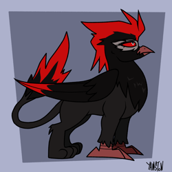 Size: 1600x1600 | Tagged: safe, artist:yamston, oc, oc only, oc:richard bourdages, griffon, fanfic:living the dream, 2023, fanfic art, female, gray background, griffon oc, passepartout, red and black oc, red sclera, rule 63, signature, simple background, solo, wings