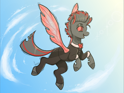 Size: 1066x797 | Tagged: safe, artist:curryrice, oc, oc only, oc:buggo, changeling, bowtie, clothes, red changeling, sky background, solo, suit