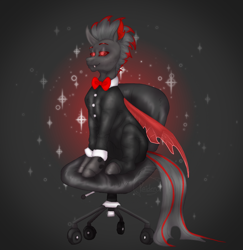 Size: 1168x1200 | Tagged: artist needed, safe, oc, oc only, oc:buggo, changeling, bowtie, chair, clothes, office chair, red changeling, solo, sparkles, suit