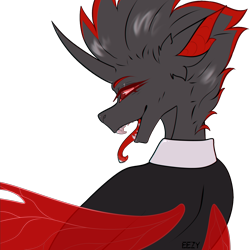Size: 1280x1280 | Tagged: safe, artist:eezy, oc, oc only, oc:buggo, changeling, red changeling, sharp teeth, simple background, solo, teeth, tongue out, transparent background