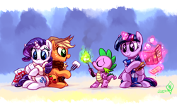 Size: 2000x1250 | Tagged: safe, artist:whitediamonds, applejack, rarity, spike, twilight sparkle, alicorn, dragon, earth pony, pony, unicorn, rarijack daily, g4, applejack's hat, book, child, clothes, cowboy hat, eyes closed, female, fire, food, fork, freckles, frown, fur, fur coat, glowing, glowing horn, graham cracker, group, hat, hoof hold, horn, jacket, lesbian, levitation, magic, magic aura, male, mare, marshmallow, open mouth, open smile, quartet, raised eyebrow, s'mores, scarf, ship:rarijack, shipping, signature, sitting, smiling, striped scarf, telekinesis, twilight sparkle (alicorn), wingless spike, younger
