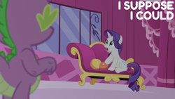 Size: 2000x1125 | Tagged: safe, edit, edited screencap, editor:quoterific, screencap, rarity, spike, dragon, pony, unicorn, g4, inspiration manifestation, season 4, carousel boutique, child, duo, duo male and female, fainting couch, female, male, open mouth, wingless spike, younger