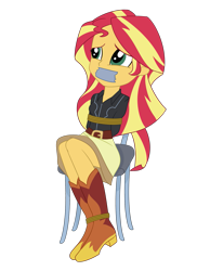 Size: 1323x1817 | Tagged: safe, artist:nie-martw-sie-o-mnie, sunset shimmer, human, equestria girls, g4, bondage, boots, chair, clothes, female, gag, shoes, simple background, skirt, solo, tape, tape gag, tied up, transparent background