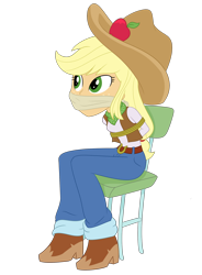 Size: 1472x2000 | Tagged: safe, artist:nie-martw-sie-o-mnie, applejack, human, equestria girls, g4, bondage, boots, chair, cloth gag, clothes, denim, female, gag, hat, jeans, pants, shoes, simple background, solo, tied to chair, tied up, transparent background