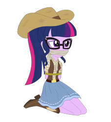 Size: 2000x2200 | Tagged: safe, artist:nie-martw-sie-o-mnie, sci-twi, twilight sparkle, human, equestria girls, g4, belt, bondage, boots, cloth gag, clothes, cloud, cowboy boots, cowboy hat, cowgirl, female, gag, hat, high res, shoes, simple background, skirt, solo, stetson, tied up, transparent background, vest