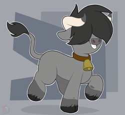 Size: 1830x1681 | Tagged: safe, artist:joaothejohn, oc, oc only, oc:coal trail, bull, bell, bell collar, bovine, collar, colored, cute, horns, looking at someone, male, patreon, patreon reward, simple background, smiling, solo, walking