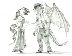 Size: 1400x1094 | Tagged: safe, artist:baron engel, rarity, spike, dragon, unicorn, anthro, unguligrade anthro, g4, big breasts, black and white, breasts, busty rarity, clothes, dress, duo, female, gigachad spike, grayscale, hat, male, monochrome, older, older spike, open clothes, open shirt, pants, pencil drawing, schrödinger's pantsu, ship:sparity, shipping, side slit, sideboob, simple background, straight, tango, total sideslit, traditional art, white background