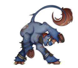 Size: 2300x2000 | Tagged: safe, artist:molars, oc, oc only, oc:tenpin, pony, unicorn, ashes town, fallout equestria, armor, ashes town oc, bandage, blue fur, butt, drool, dynamic pose, featureless crotch, frog (hoof), high res, horseshoes, leonine tail, plot, raider, scar, simple background, smiling, solo, sparks, spikes, tail, teeth, tongue out, transparent background, underhoof, unshorn fetlocks