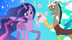 Size: 1920x1080 | Tagged: safe, artist:sallyso, discord, twilight sparkle, alicorn, butterfly, draconequus, pony, g4, my little pony: friendship is magic, the last problem, duo, duo male and female, female, flower, gradient background, horn, implied fluttershy, looking away, male, older, older twilight, older twilight sparkle (alicorn), princess twilight 2.0, shadow, ship:discolight, shipper on deck, shipping, smiling, sparkles, straight, surprised, twilight sparkle (alicorn)