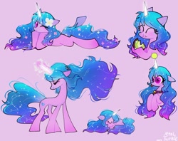 Size: 1024x811 | Tagged: safe, artist:petaltwinkle, izzy moonbow, pony, unicorn, g5, ball, bell, bell collar, collar, concave belly, cute, eating, ethereal mane, ethereal tail, eyebrows, eyebrows visible through hair, female, floppy ears, food, fruit, glowing, glowing horn, happy, herbivore, horn, horn impalement, hornball, izzy impaling things, izzy's tennis ball, izzybetes, kiwi fruit, long mane, long tail, looking at you, lying down, mare, one eye closed, prone, sleeping, slender, solo, tail, tennis ball, thin, tongue out, wide eyes, windswept mane, wink, winking at you