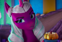 Size: 679x457 | Tagged: safe, screencap, opaline arcana, alicorn, pony, g5, my little pony: make your mark, my little pony: make your mark chapter 5, nightmare on mane street, spoiler:g5, spoiler:my little pony: make your mark, spoiler:my little pony: make your mark chapter 5, spoiler:mymc05e06, female, golden pumpkin, mare, pumpkin, solo focus