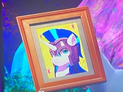 Size: 1247x939 | Tagged: safe, screencap, alphabittle blossomforth, shining armor, pony, unicorn, father of the bridlewood, g4, g5, my little pony: make your mark, my little pony: make your mark chapter 5, spoiler:g5, spoiler:my little pony: make your mark, helmet, male, offscreen character, picture, picture frame, solo, stallion