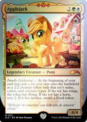 Size: 795x1110 | Tagged: safe, artist:john thacker, apple bloom, applejack, big macintosh, earth pony, pony, g4, official, apple, female, filly, foal, food, magic the gathering, male, mare, merchandise, pie, ponies the galloping, stallion