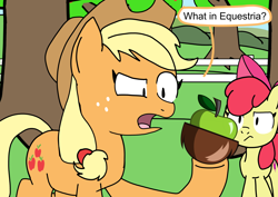 Size: 4960x3508 | Tagged: safe, artist:mixelscraft64, apple bloom, applejack, earth pony, pony, g4, apple, apple tree, bow, child, coconapple, coconut, confused, cowboy hat, female, filly, foal, food, freckles, hair bow, hat, hoof hold, lego, mare, mixels, ponytail, siblings, speech bubble, sweet apple acres, text, tree, younger