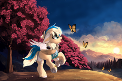 Size: 4500x3000 | Tagged: safe, artist:empress-twilight, oc, oc only, oc:sun light, butterfly, pegasus, pony, clothes, cloud, cute, floppy ears, folded wings, forest, high res, mountain, mountain range, nature, open mouth, open smile, outdoors, pegasus oc, smiling, solo, sun, tail, tree, two toned mane, two toned tail, underhoof, wings