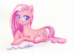 Size: 1410x1000 | Tagged: safe, artist:maytee, pinkie pie, earth pony, pony, g4, colored pencil drawing, frown, lying down, party horn, pinkamena diane pie, prone, solo, traditional art, watercolor painting