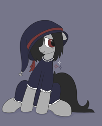 Size: 1020x1254 | Tagged: safe, artist:castafae, oc, oc only, oc:faint rune, earth pony, pony, clothes, dress, female, floppy ears, hair over one eye, hat, mare, simple background, sitting, solo