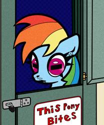 Size: 1000x1200 | Tagged: safe, artist:scandianon, rainbow dash, pegasus, pony, g4, door, doorway, female, hoers, lock, mare, rectangular pupil, sign, solo, whiskers