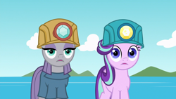 Size: 1920x1080 | Tagged: safe, screencap, maud pie, starlight glimmer, earth pony, pony, g4, rock solid friendship, duo, faic, helmet, logo, mining helmet, shrunken pupils