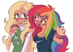 Size: 1424x1022 | Tagged: safe, artist:kyupiid, fluttershy, rainbow dash, human, g4, alternate hairstyle, blushing, clothes, duo, female, four fingers, headband, humanized, lesbian, natural hair color, open mouth, ship:flutterdash, shipping, shirt, sweatband, sweater, sweatershy, t-shirt, tan skin