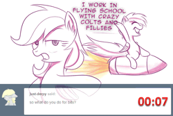 Size: 1280x854 | Tagged: safe, artist:redheadfly, scootaloo, pegasus, pony, tumblr:ask-adultscootaloo, g4, animated, female, filly, foal, gif, older, riding, rocket