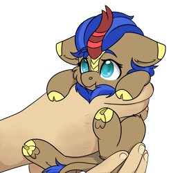 Size: 2197x2223 | Tagged: safe, artist:rokosmith26, oc, oc only, oc:cobalt flame, kirin, pony, cloven hooves, high res, holding a pony, in goliath's palm, simple background, size difference, smol, solo, transparent background