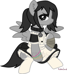 Size: 1117x1231 | Tagged: safe, artist:yeetmedownthestairs, oc, oc only, oc:kazane, pegasus, pony, bandage, bracelet, clothes, collar, commission, dress, female, jewelry, maid, mare, simple background, sitting, socks, solo, stockings, thigh highs, transparent background, unamused, ych result
