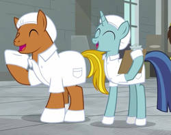 Size: 565x448 | Tagged: safe, screencap, earth pony, pony, unicorn, g4, the last laugh, background pony, clothes, female, lab coat, laughing, male, mare, splitside, stallion, teal tester