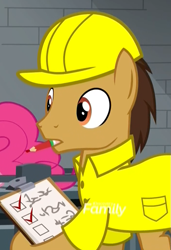 Size: 471x688 | Tagged: safe, screencap, doctor hoozonfurst, earth pony, pony, g4, the last laugh, checklist, clipboard, clothes, factory, funny, gag factory, hard hat, hat, male, mouth hold, pencil, shirt, stallion, uniform, written equestrian