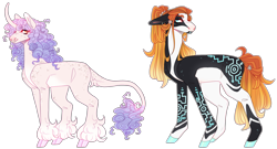 Size: 4890x2643 | Tagged: safe, artist:sleepy-nova, oc, oc only, unnamed oc, classical unicorn, earth pony, pony, unicorn, body freckles, body markings, cloven hooves, colored hooves, curved horn, cyan eyes, duo, ear piercing, earring, ears back, facial markings, female, freckles, gradient mane, gradient tail, hoof polish, horn, jewelry, leg freckles, leonine tail, lidded eyes, magical lesbian spawn, mare, offspring, orange eyes, parent:cozy glow, parent:sweetie belle, parents:cozybelle, piercing, ponytail, simple background, standing, tail, tail fluff, tail freckles, transparent background, unshorn fetlocks