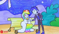 Size: 1261x720 | Tagged: safe, artist:annie korea, rainbow dash, soarin', human, equestria girls, g4, blushing, clothes, dress, female, male, rainbow dash always dresses in style, ship:soarindash, shipping, straight, traditional art