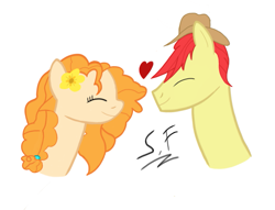 Size: 989x757 | Tagged: safe, artist:solemnfutury, bright mac, pear butter, earth pony, pony, g4, cute, duo, duo male and female, eyes closed, female, flower, flower in hair, hat, heart, looking at each other, looking at someone, male, mare, shipping, simple background, smiling, stallion, white background