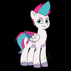 Size: 828x828 | Tagged: safe, artist:taranza23, zipp storm, pegasus, pony, g5, my little pony: tell your tale, spoiler:g5, spoiler:my little pony: tell your tale, black background, colored wings, eyebrows, folded wings, looking at you, male, multicolored wings, rule 63, signature, simple background, smiling, smiling at you, stallion, unshorn fetlocks, wings, zip cyclone