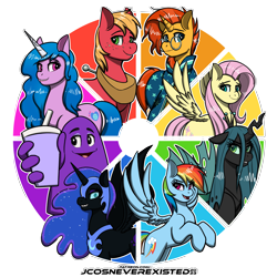 Size: 4093x4093 | Tagged: safe, artist:jcosneverexisted, big macintosh, fluttershy, izzy moonbow, nightmare moon, queen chrysalis, rainbow dash, sunburst, alicorn, changeling, changeling queen, pegasus, pony, unicorn, g4, g5, clothes, color wheel, color wheel challenge, eyelashes, female, grimace, looking at you, male, mare, no eyelashes, one of these things is not like the others, stallion