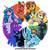 Size: 4093x4093 | Tagged: safe, artist:jcosneverexisted, big macintosh, fluttershy, izzy moonbow, nightmare moon, queen chrysalis, rainbow dash, sunburst, alicorn, changeling, changeling queen, pegasus, pony, unicorn, g4, g5, clothes, color wheel, color wheel challenge, female, grimace, looking at you, male, mare, one of these things is not like the others, stallion