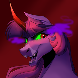 Size: 2000x2000 | Tagged: safe, artist:uunicornicc, twilight sparkle, pony, g4, colored horn, curved horn, fangs, high res, horn, looking at you, sharp teeth, solo, sombra eyes, sombra horn, teeth