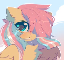 Size: 1302x1226 | Tagged: safe, artist:mirtash, fluttershy, pegasus, pony, g4, bust, chest fluff, cute, dyed mane, ear fluff, female, hair over one eye, looking at you, mare, mouth hold, pride, pride flag, shyabetes, solo, starry eyes, trans fluttershy, transgender, transgender pride flag, wingding eyes, wings