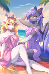 Size: 2002x3004 | Tagged: safe, artist:fensu-san, oc, oc only, oc:bar, oc:kirarane, oc:star nai, alicorn, bat pony, anthro, unguligrade anthro, alicorn oc, bat pony oc, beach, duo, duo female, female, flower, flower in hair, high res, horn, looking at you, open mouth, open smile, outdoors, partially open wings, sitting, smiling, smiling at you, towel, water, wings