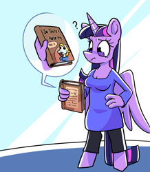 Size: 1381x1583 | Tagged: safe, artist:smirk, twilight sparkle, alicorn, anthro, unguligrade anthro, g4, book, clothes, eyebrows, female, hand on hip, question mark, raised eyebrow, shorts, solo, twilight sparkle (alicorn)